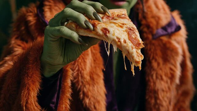 Witch Pulling a Partially Bitten Pizza Slice with Stretching Melted Cheese, Close-Up Halloween Food Advertising