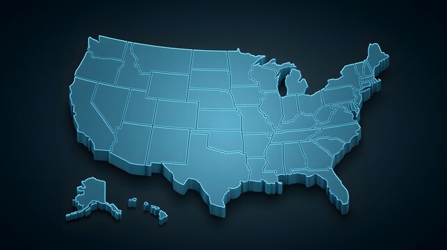 A 3D rendered map of the United States with state borders glows in blue on a dark background. Perfect for corporate geography and political infographics.