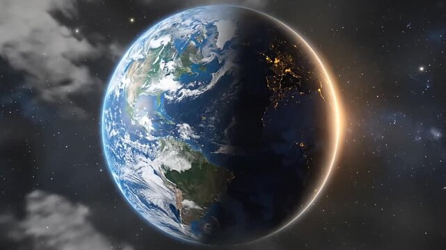 Earth Transition from daylight to nighttime showcasing the planet's luminous glow from space across multiple frames