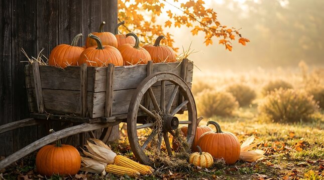 Rustic wooden cart overflowing with vibrant orange pumpkins and corn on a crisp autumn day near barn with fall foliage.