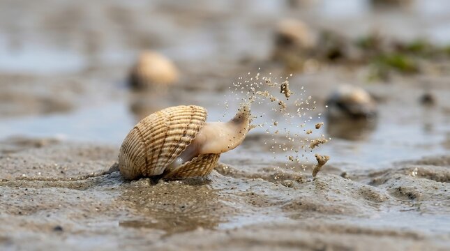 Close-up of a clam on sandy beach spraying water and sand through siphon