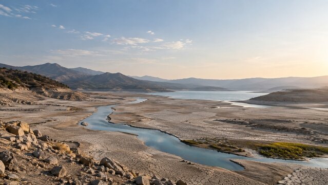 Arid climate documentary photography of a meandering river through a cracked earth reservoir bed with distant mountains at sunset, a climate change and water scarcity concept.