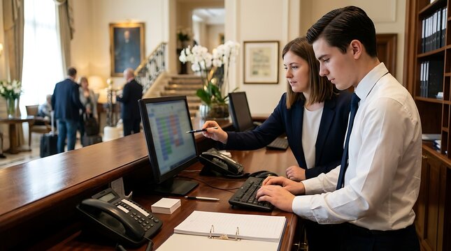 Male hotel receptionist learning reservation system from female manager at wooden front desk in elegant lobby with staircase and guest in background.