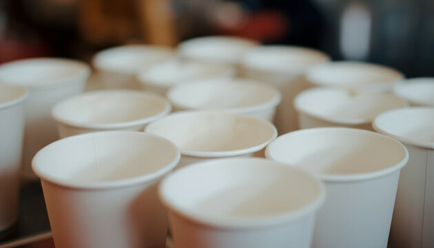 Empty white disposable paper cups arranged in rows close-up