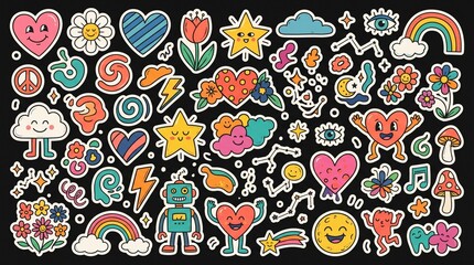 Fototapeta premium Retro Groovy Sticker Pack Featuring Hearts Flowers Stars Clouds Robot Rainbows and More