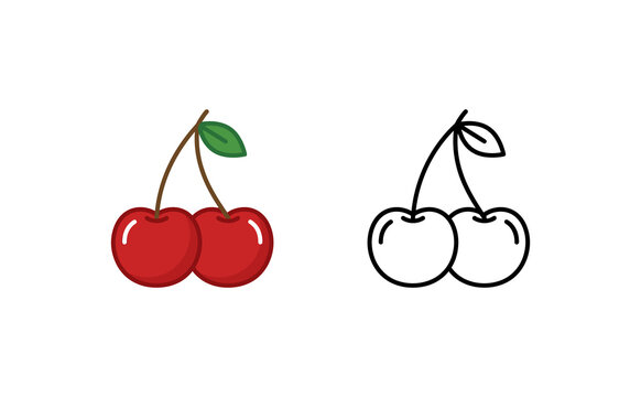 Minimalist red cherry vector icon with green leaf against solid black background