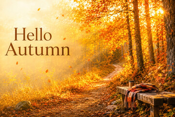Obraz premium Hello Autumn greeting card design with golden forest and wooden bench
