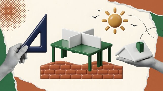 Architecture planning concept with partitioned desk triangle ruler and house roof collage   