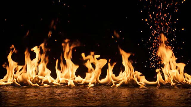 Burning flame line dark surface with sparks spark burn blaze combustion and warm orange fire