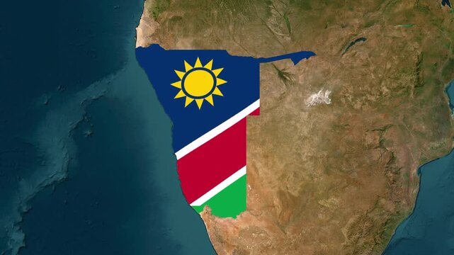 Satellite map animation of Namibia with moving clouds, growing ink-shape waving flag of the country, gradient outline indicating the border. Highlighted territory.