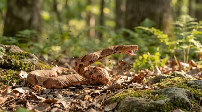 Brown venomous snake with open mouth striking on a forest floor covered in autumn leaves
