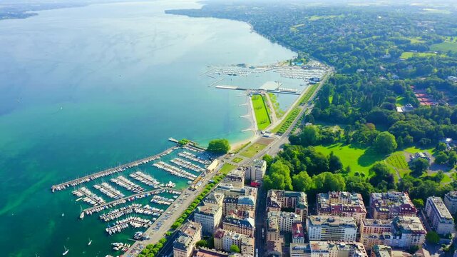 Geneva, Switzerland. Flight over the central part of the city. Lake Geneva. Drone footage