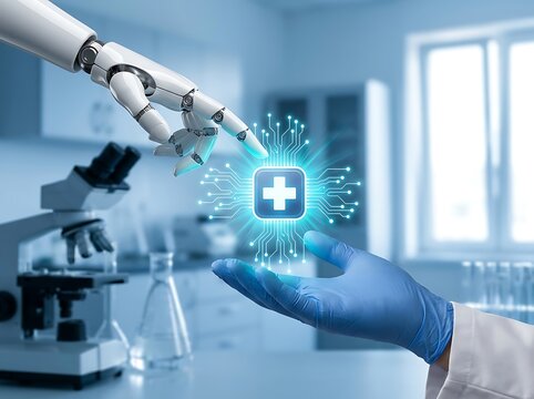 Futuristic cyborg hand interacting with glowing blue medical microchip above scientist gloved palm highlighting transition to AI assisted healthcare solutions.