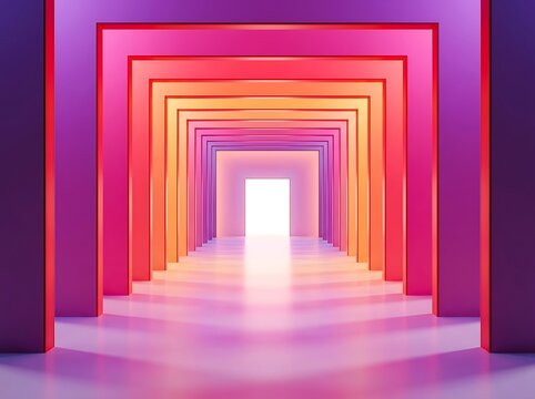 A long, narrow tunnel formed by receding square frames with a gradient of pink, orange, and purple colors, illuminated by bright white light at the end.