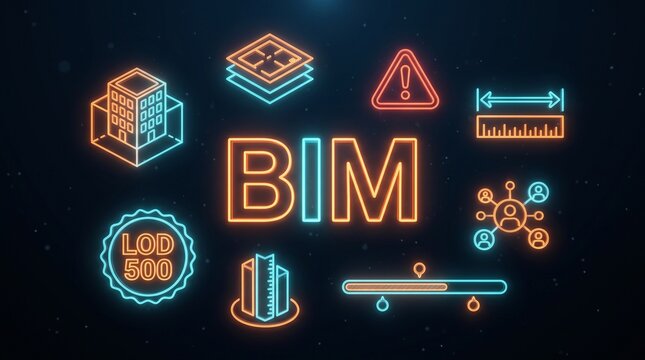 BIM construction technology holographic digital model icons dark background with BIM text and LOD level badge, building information modelling concept