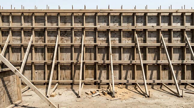 Wooden formwork for concrete wall construction, emphasizing structural support and raw building materials for industrial and architectural projects.