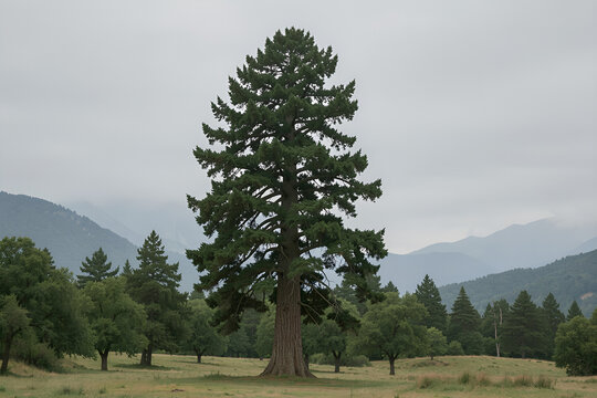 Tall cedar tree above a quiet hillside forest with open sky