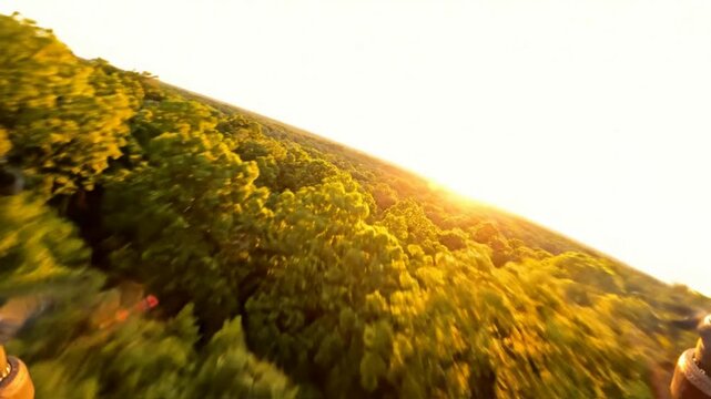 Fpv drone flight over lush forest canopy at golden hour sunset, cinematic aerial nature perspective