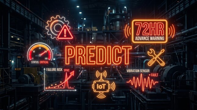 Predictive maintenance industrial holographic PREDICT icons dark background with advance warning hours, Industry 4.0 IoT technology concept