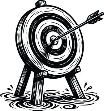 Vintage linocut style archery target on wooden stand with arrow hitting dead center for accuracy concept