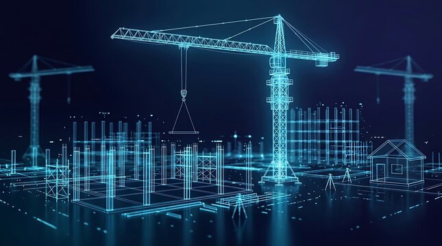 Digital blueprint of construction site with cranes and building structures representing future development and modern engineering projects in a futuristic blue glow.