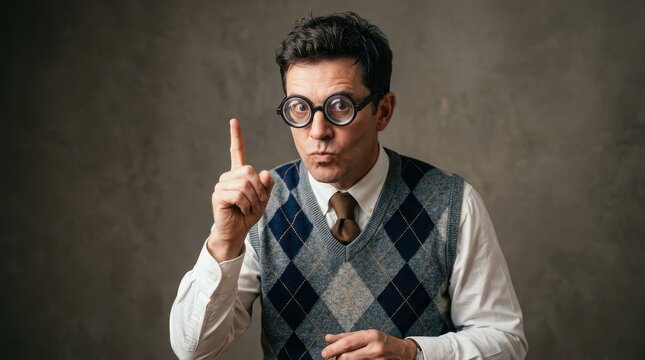Funny Nerd Character Having a Great Idea with Finger Pointed Upwards Wearing Argyle Vest and Thick Glasses