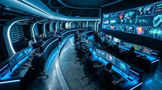 Modern Cybersecurity Operations Center with Analysts Monitoring Global Data on Large Screens