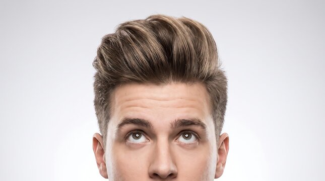 Young man with trendy pompadour hairstyle looking up at white space.