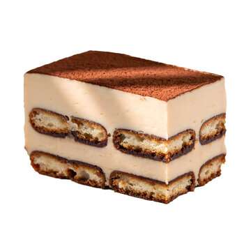 A rectangular slice of tiramisu cake with layers of ladyfinger biscuits and mascarpone cream, topped with cocoa powder, white background