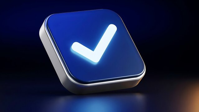 Checkmark Icon Rendered in Blue with a White Glow, Set Against a Dark Blue Gradient Background. Digital Symbol for Confirmation and Approval.