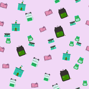 Seamless pattern of school supplies and buildings