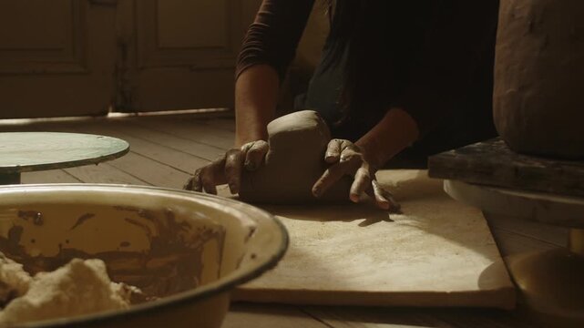 woman's hands kneading raw ceramic