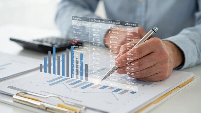 Financial analyst reviewing budget report with holographic data visualization
