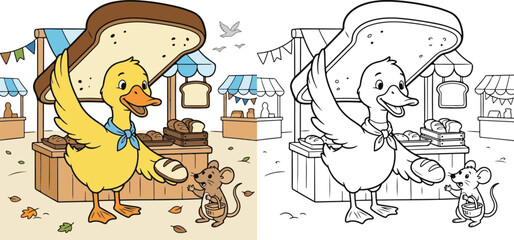 Fototapeta premium duck bread bakery bread as an umbrella funny animal selling favorite food cartoon clipart line art print vector illustration school student children kids coloring book
