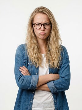 Portrait of a Grumpy Young Woman with Glasses and Crossed Arms Pouting Against a White Background