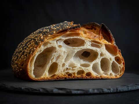 Sourdough bread sliced in half displays a porous crumb texture and dark golden crust against dark slate.