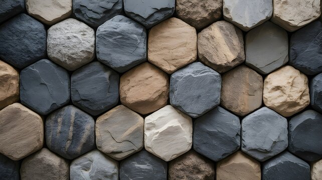 Textured hexagonal stone tiles create a rugged geometric pattern in shades of blue, beige, and gray with dramatic shadows.