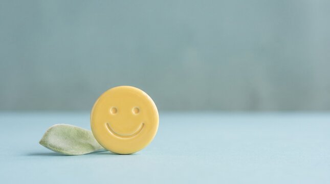 Yellow smiley face icon made of ceramic material placed beside single green leaf on blue pastel background representing happiness positive thinking wellness and mental health awareness concept shot.