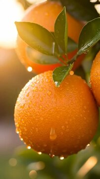 Closeup of fresh oranges with water droplets hanging on a tree at sunrise, backlit sunlight and bokeh morning glow