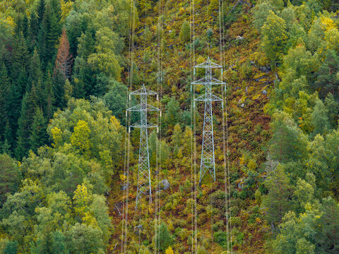 Aerial view of two electricity pylons standing on a steep, forested hillside with autumn foliage in Fjord, More og Romsdal, Norway.