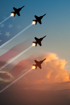 Air Force Day. Aircraft silhouettes on background of sunset with a transparent American flag. Vertical poster.