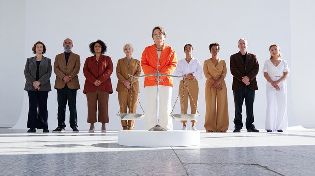 Balance scales stand in the foreground before a diverse row of confident adults in a bright setting for justice and equality concepts