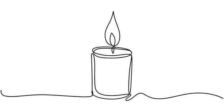 Continuous single line drawing of a burning candle with a flame isolated on a white background Vector, illustration