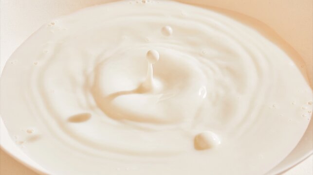 A single drop of creamy milk falling into a liquid surface creating concentric ripples and a small splash