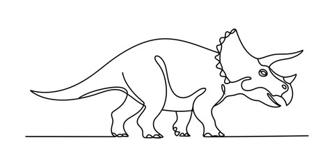 Continuous single line drawing of a triceratops dinosaur walking, minimalist black outline art of a prehistoric animal for creative design projects © ARICK 