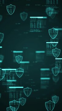 Vertical format futuristic cybersecurity digital background with glowing shields and floating data streams. Abstract smartphone screen display for mobile tech security and privacy concepts