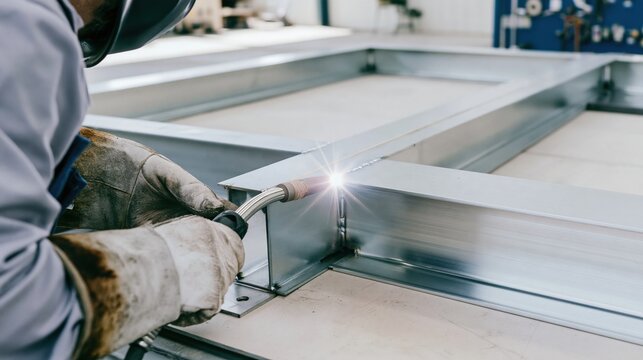 Welder using a torch to join steel beams on a workbench, showing precise fabrication and scorched leather textures for industrial trades