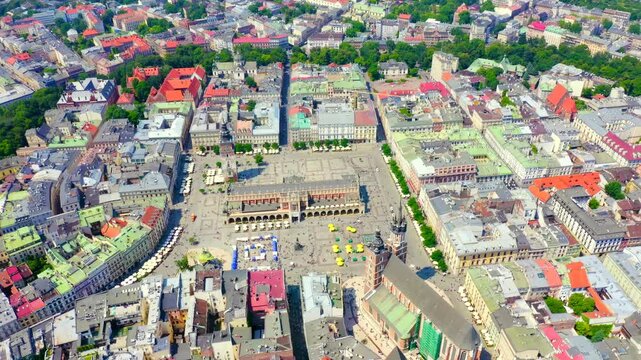 Krakow, Poland. Main Square. Big city square of the 13th century. View of the historic center. Drone footage, Point of interest