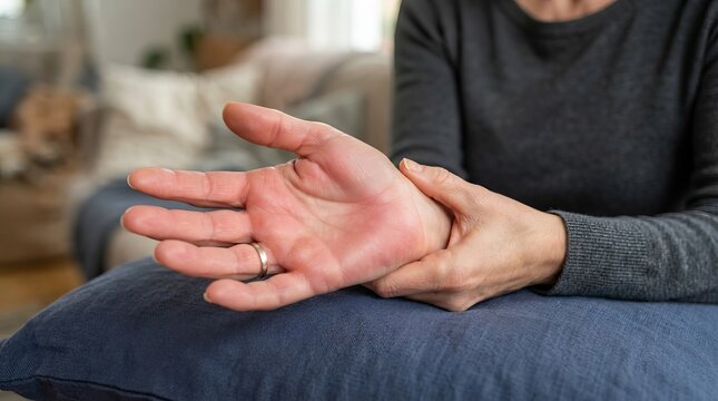 Close up crop of senior lady hand with visible inflammation and swelling at the wrist and palm area