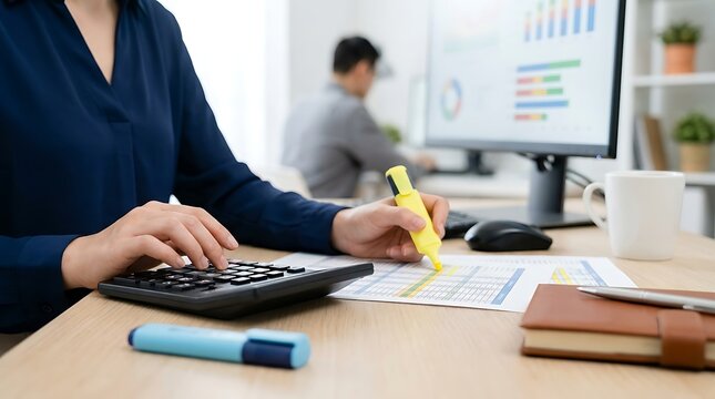 Financial analyst using yellow marker highlighter on data spreadsheet document while working on desktop calculator inside bright office with coworker in background.